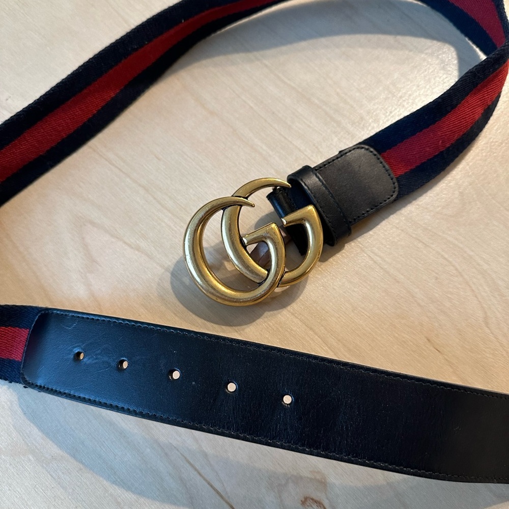 Gucci Double G Marmot Red and Navy Striped Canvas Belt with Gold Buckle